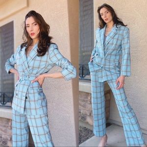 ASOS 2 PIECE SET Pantsuit Blue Tan Plaid Belted Blazer & Straight Leg Pants Suit